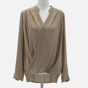 Ro & De Surplice Long Sleeve Hi Lo Hem Blouse in Tan - Size Small